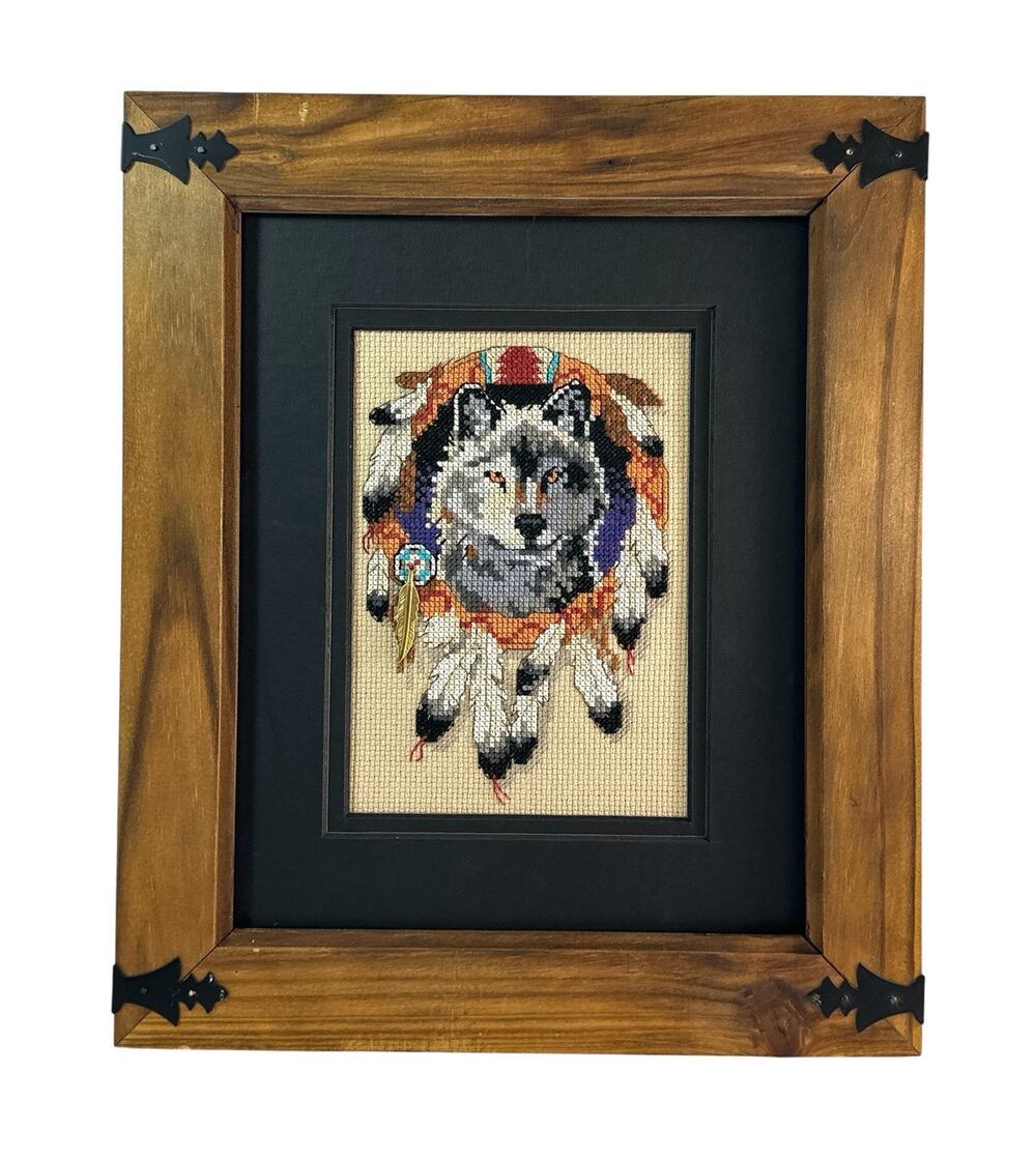 Creative Accents #7984 Native Wolf Cross Stitch Framed Feather Charm